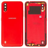 Задня панель корпуса для Samsung A015 Galaxy A01, червона, із склом камери, з боковою кнопкою