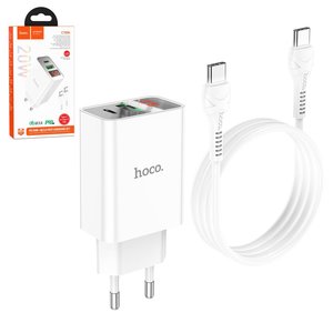 Сетевое зарядное устройство Hoco C100A, 20 Вт, Power Delivery PD , белый, с дисплеем, c кабелем USB тип C к USB тип C, 2 порта, #6931474769824
