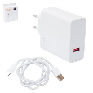 Мережевий зарядний пристрій для Apple, 120 Вт, Quick Charge, білий, з USB кабелем тип C, 1 порт, service pack box