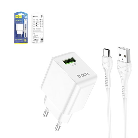 Mains Charger Hoco C98A, 18 W, Quick Charge, white, with USB cable Type C, 1 output  #6931474766878