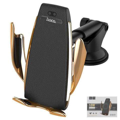 Sujetador para coche Hoco CA34, negro, dorado, ventosa de succión, sujetador automático, sobre deflector, con cargador inalámbrico, Entrada micro USB 5 V 2 A 9 V 1.67 A, salidas 5V 7.5V 10V 