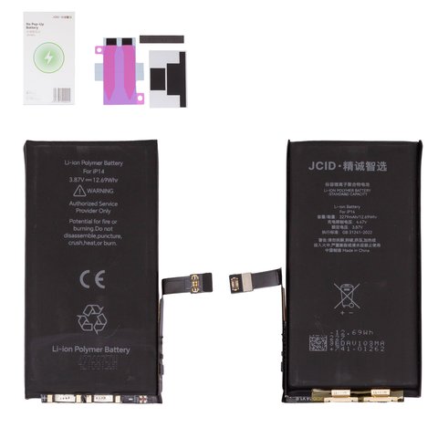 Batería JCID puede usarse con Apple iPhone 14, Li Polymer, 3.87 V, 3279 mAh, sin mensaje de error, con cable plano integrado, no Pop Up