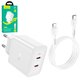 Сетевое зарядное устройство Hoco N35, 45 Вт, Power Delivery (PD), белый, c кабелем USB тип-C к Lightning для Apple, 2 порта, #6931474797223